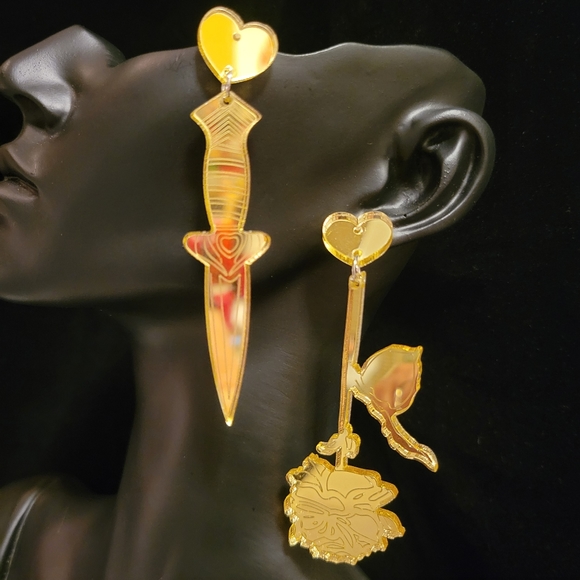 2/$20 Gold Reflective Dagger & Rose Earrings - Picture 3 of 4